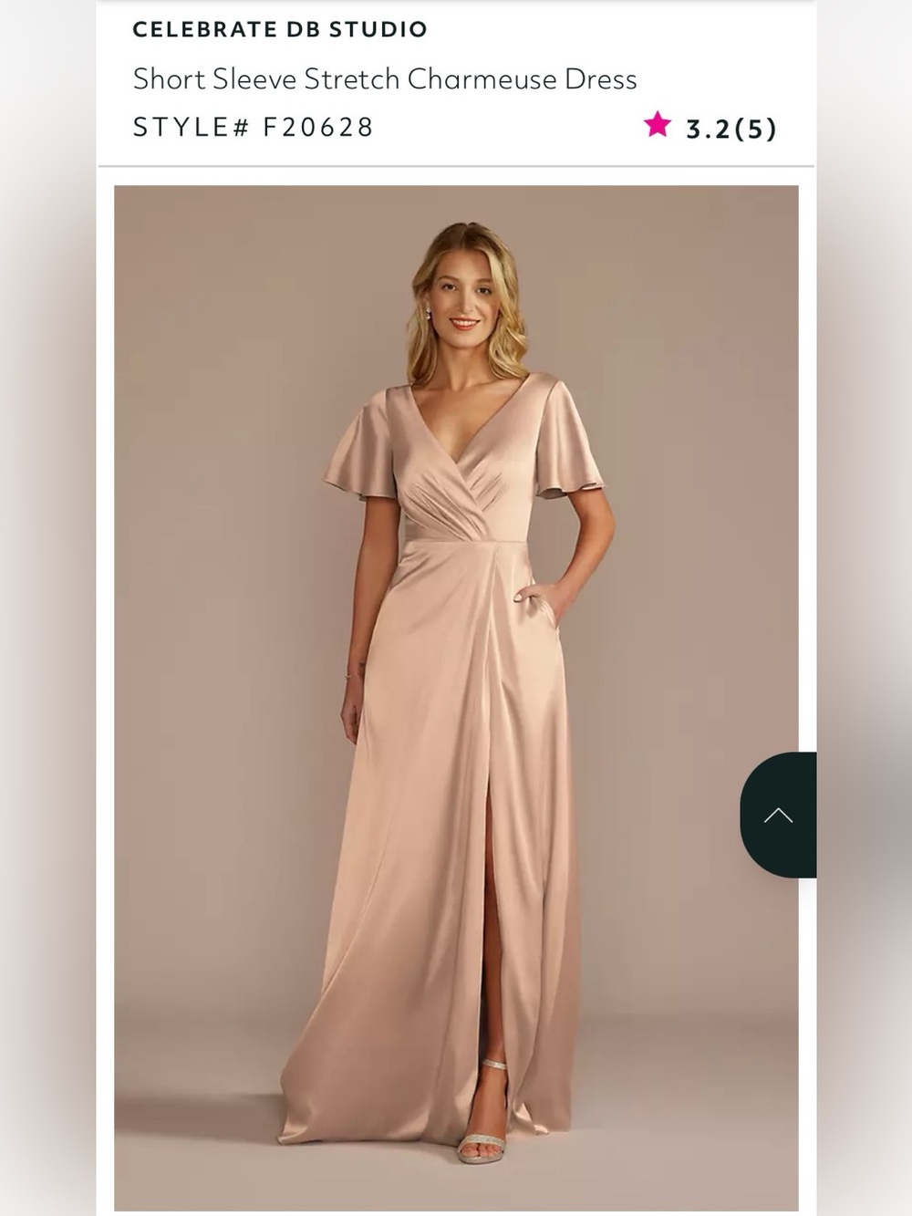 David’s Bridal Champagne Satin Wrap-Style Formal Dress